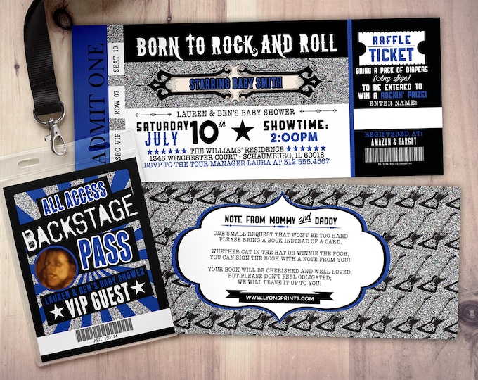 Rockstar baby shower invitation, Coed baby shower invitation, Rockabye baby shower, ticket invitation, rockstar baby
