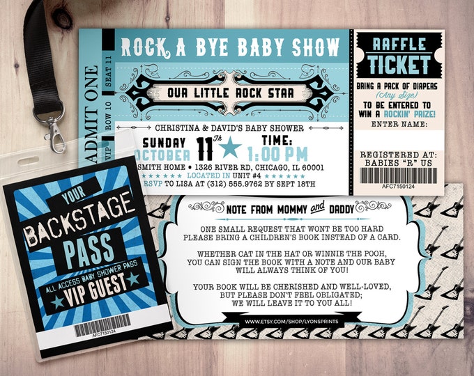 Rockstar baby shower invitation, Coed baby shower invitation, Rockabye baby shower, ticket invitation, rockstar baby