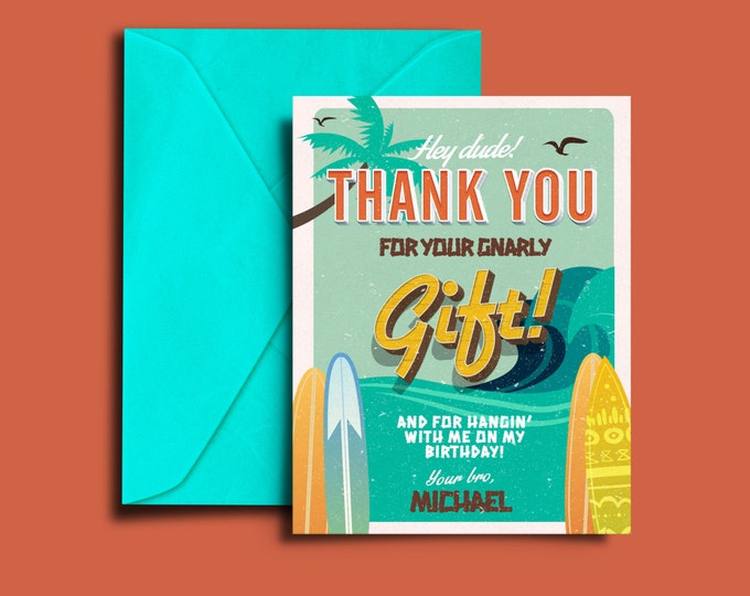 Thank you card, Pool Party Invitation, surfer birthday, birthday invitation, invite, vintage surfer, pool party, swimming, surfing, retro