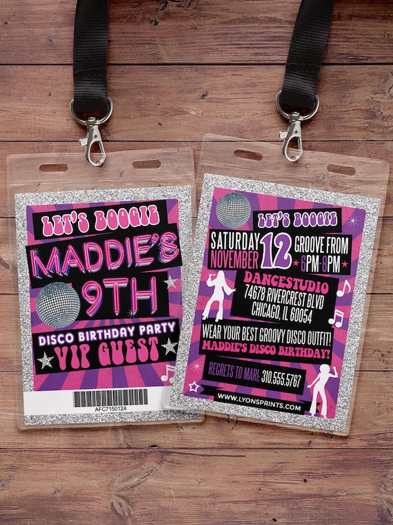 Disco, Retro, neon, VIP PASS, backstage pass, Vip invitation, birthday invitation, pop star, bridal shower invite, Rock Star birthday, Il_570xn
