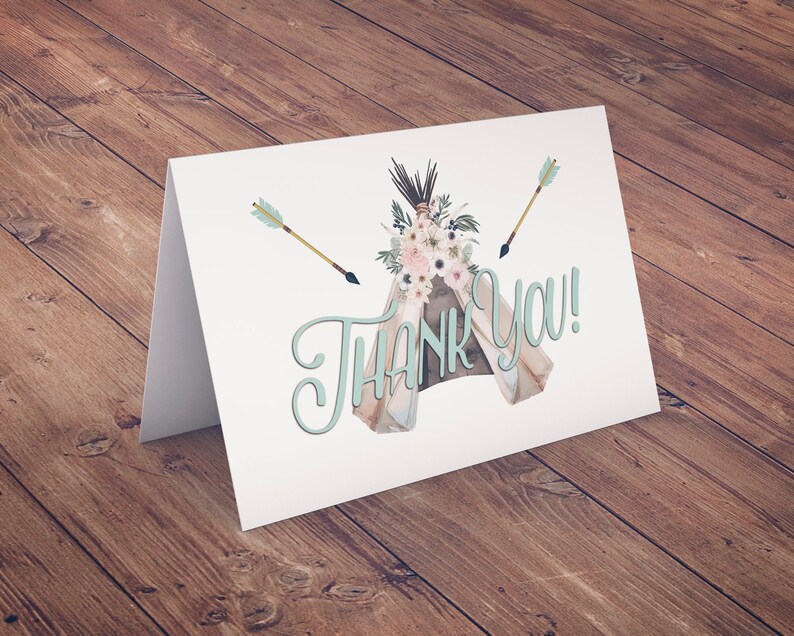 TEEPEE Baby Shower, Thank you card, arrow baby shower, pow wow, BOHO, Tribal, greeting card, BOHO thank you card image 3