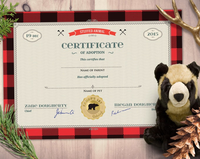 Lumberjack, woodland, party favor, stuffed animal adoption certificate, Buffalo Plaid, Woodland, Lumberjack, Rustic,Bear, Printable file