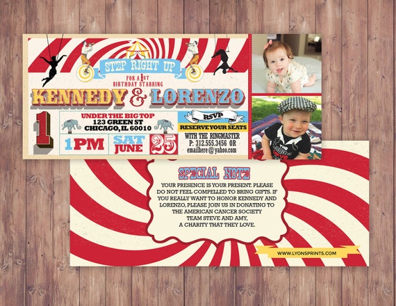 Birthday- circus ticket-carnival ticket invitation - vintage circus, retro, ticket invitation, carnival, circus birthday invitation, twins Il_570xn