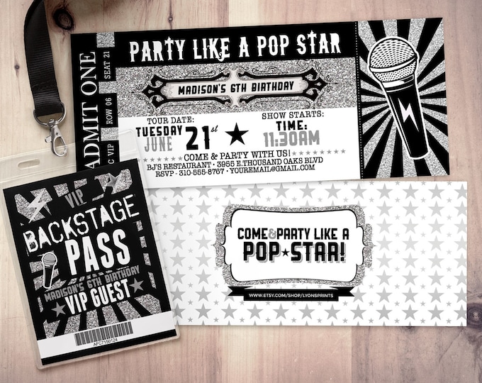 ROCK STAR concert ticket birthday party invitation- Music invitation- printable, rockstar party, pop star, animal print, 80's, invite,retro