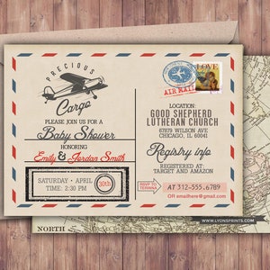 Precious Cargo Invitation, Baby Shower Invitation , vintage airplane invitation, Airplane, vintage travel, post card invite, airplane ticket