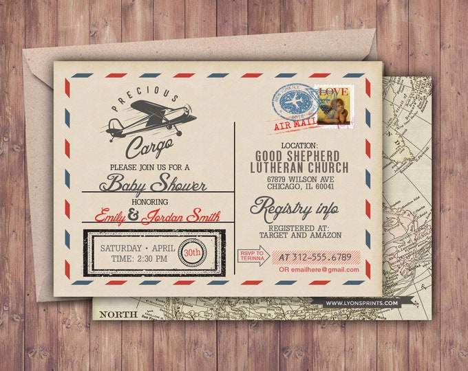 Precious Cargo Invitation, Baby Shower Invitation , vintage airplane invitation, Airplane, vintage travel, post card invite, airplane ticket