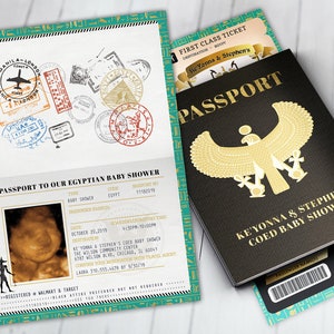 PASSPORT and TICKET, baby shower invitation- travel birthday invitation- Egypt, Egyptian, Digital files only