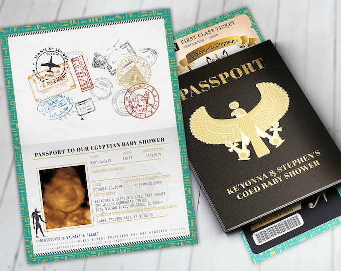 PASSPORT and TICKET, baby shower invitation- travel birthday invitation- Egypt, Egyptian, Digital files only