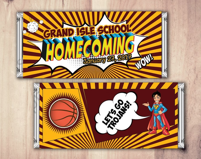 Comic Candy Bar Wrapper, Homecoming, Chocolate Bar, Birthday Candy Wrappers, favor, prom, school event, comic party