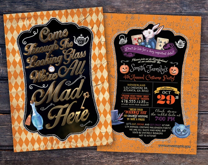 Halloween party, Tea Party, Wonderland Invitation, Birthday Invitation, costume party invitation, invite, kid's party