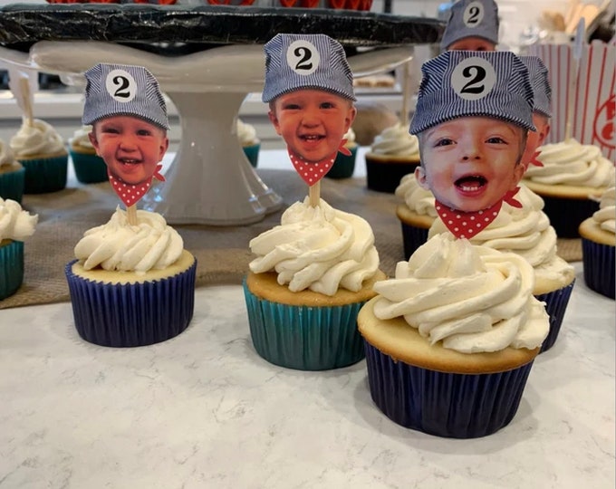 Train birthday, Birthday Photo cupcake toppers. Train conductor with scarf, Choo Choo train,  train conductor, topper, boy birthday