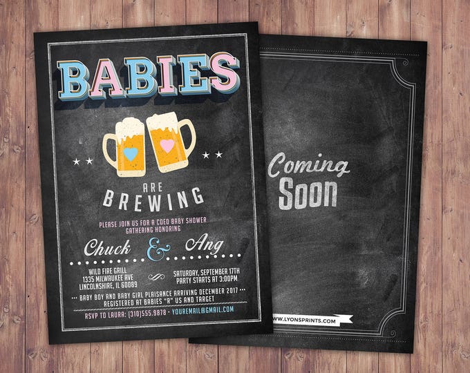 Baby is brewing, Twins, Coed baby shower invitation- Beer baby shower invitation- couples baby shower - girl baby shower - gender reveal