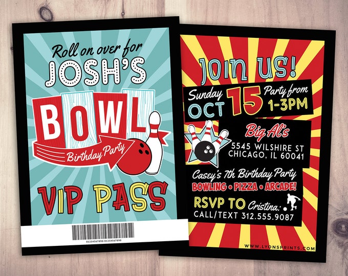 Bowling Invitation - Bowling Birthday Party Invite - Laser tag invitation, Bowling, girl bowling, VIP pass, retro bowling, bowling, Strike