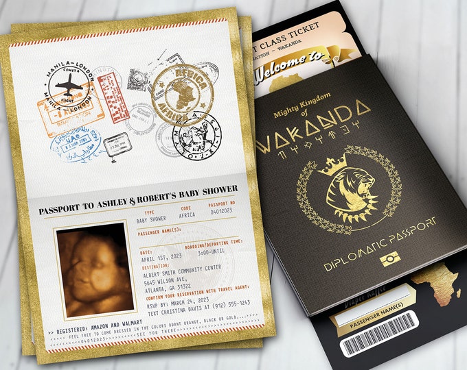 PASSPORT and TICKET baby shower invitation, Wakanda, Africa Passport, African Birthday, African Birthday, Panther, Digital files only