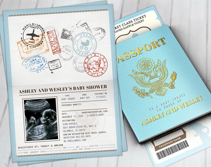 PASSPORT and TICKET baby shower invitation! Coed baby shower invitation- travel baby shower invitation- Digital files Only