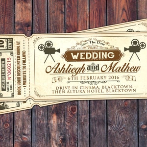 Art DecoVintage Retro Save the Date Ticket Announcement, invitation, wedding shower, old Hollywood , Cinema, retro cinema ticket