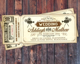 Art DecoVintage Retro Save the Date Ticket Announcement, invitation, wedding shower, old Hollywood , Cinema, retro cinema ticket
