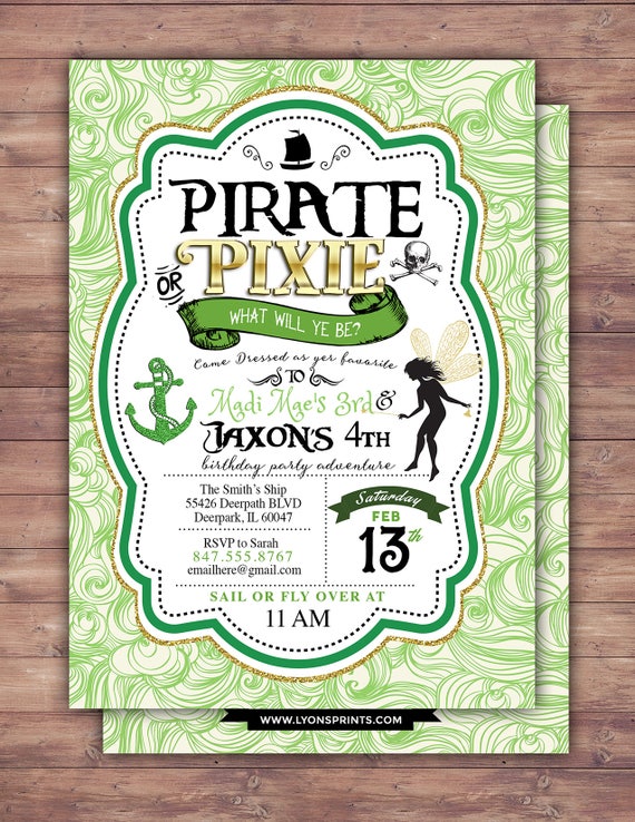 Pirates and Pixie, Party Invitations, Pirate, Tinkerbell, Pixie, Invitation, Pirate and pixie invitation ,Twins, fairy, birthday, nautical Il_570xn
