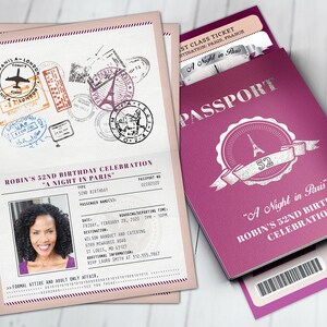 Invitation anniversaire PASSEPORT et BILLET, invitation anniversaire Paris- invitation anniversaire voyage- Paris, 40e, surprise,50e, 30e