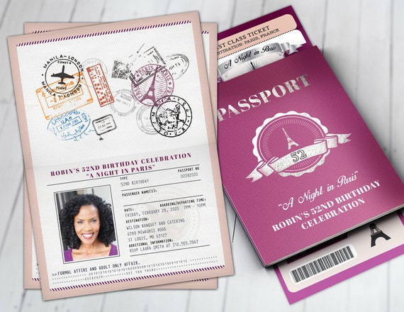 PASSPORT and TICKET birthday invitation, Paris birthday party invitation- travel birthday party invitation- Paris, 40th, surprise,50th, 30th Il_570xn