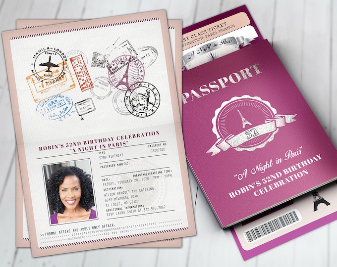 PASSPORT and TICKET birthday invitation, Paris birthday party invitation- travel birthday party invitation- Paris, 40th, surprise,50th, 30th