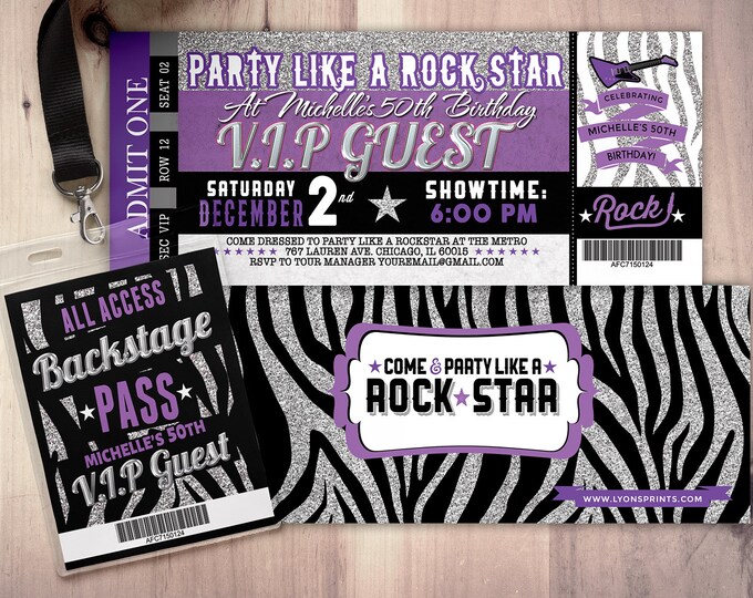 Rock the Runway, ticket birthday party invitation- popstar invitation-  rockstar party, fashion birthday, zebra print, high fashion, runway