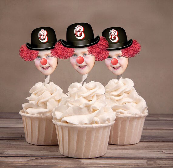 Photo Cupcake Toppers (Birthday Hat Design) Digital File - circus, carnival, under the big top, first birthday, 1st, clown, vintage, topper Il_570xn