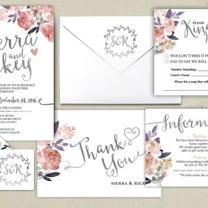 Floral, rustic, BOHO, Wedding Invitation Printable, Kraft,Wedding Invitation Suite, RSVP, monogram, info card, hand lettered typography