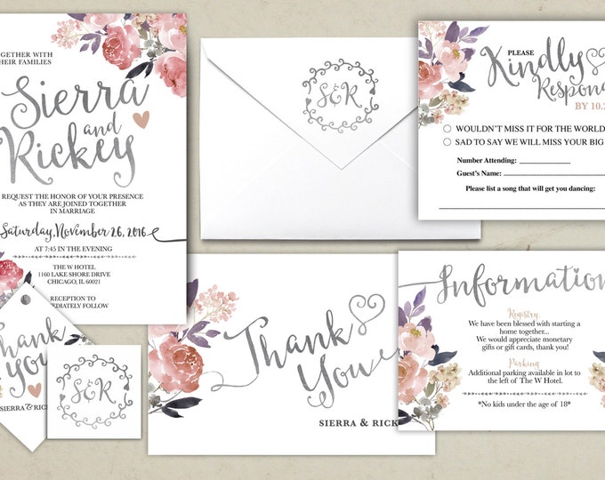 Floral, rustic, BOHO, Wedding Invitation Printable, Kraft,Wedding Invitation Suite, RSVP, monogram, info card, hand lettered typography