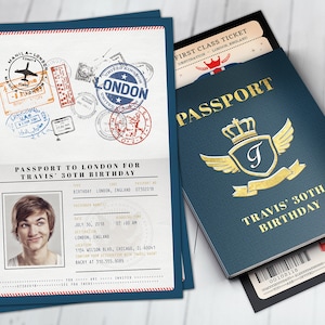 London, passport and ticket, birthday invitation, travel birthday party invitation, Union Jack, England, British, Digital files only