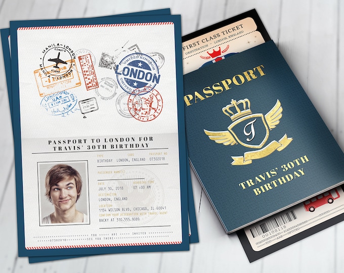London, passport and ticket, birthday invitation, travel birthday party invitation, Union Jack, England, British, Digital files only