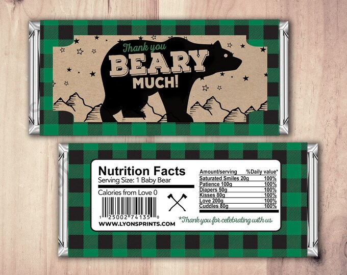 Birthday Candy Bar Wrapper, Digital file,  lumberjack, bear, Party Favors- shower favor, candy, lumberjack baby shower, woodland, baby bear