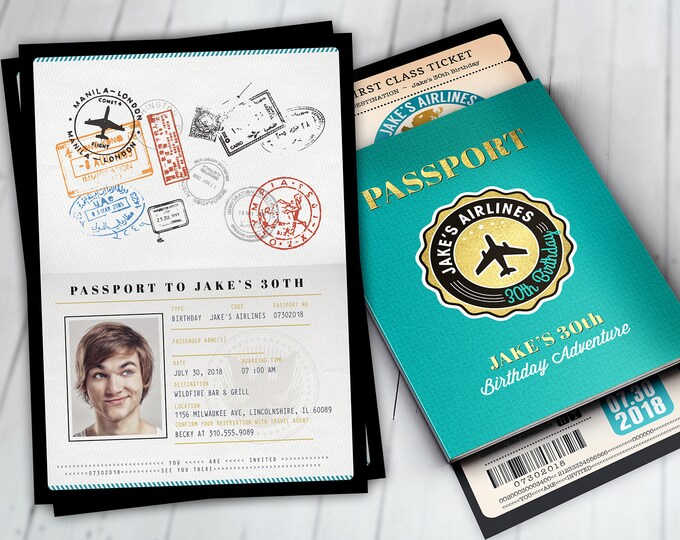 PASSPORT and TICKET birthday invitation, travel birthday party invitation, retirement party, going away party, travel, Digital files only