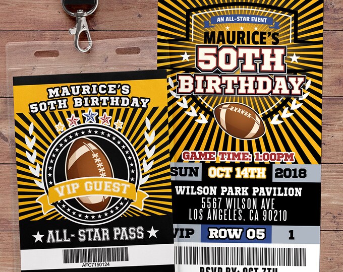 Football ticket Invitation // All Star Birthday //  VIP pass, sports birthday, ticket invite, Bar Mitzvah, football