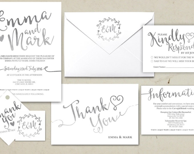 Floral, rustic, BOHO, Wedding Invitation Printable, Kraft,Wedding Invitation Suite, RSVP, monogram, info card, hand lettered typography
