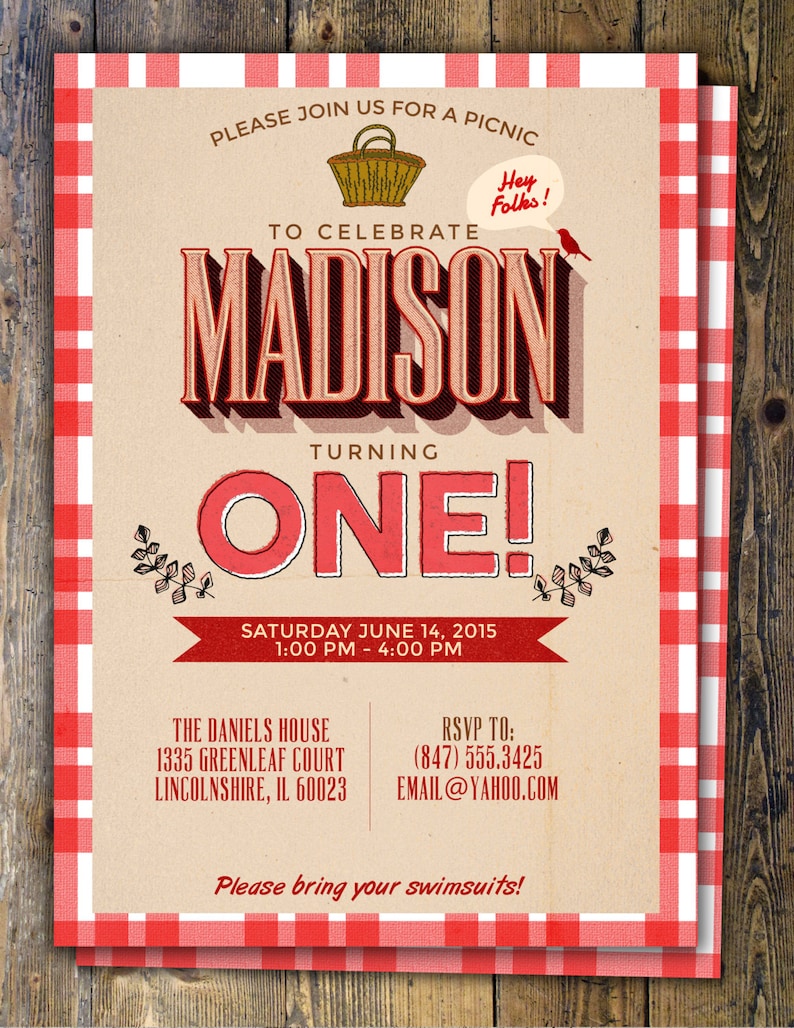 May include: A red and white gingham patterned invitation for a picnic to celebrate Madison turning one. The invitation includes the date, time, and location of the party. It also includes a request to RSVP and a note to bring swimsuits.