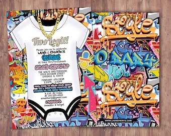 May include: A baby shower invitation with a graffiti background. The invitation features a white onesie with a gold chain necklace and the text "Two Legit!"  The invitation also includes the text "Please join us to celebrate LAINI & CHUCK's twins At their 90's Throwback Baby Shower THE WOLFE SHELTERHOUSE 8765 DIVISION STREET CHICAGO, IL 60014 FEBRUARY 4TH FROM 2:30PM - 4:30PM FEEL FREE TO WEAR YOUR BEST 90's INSPIRED OUTFITS! PRIZES TO THE BEST DRESSED! RSVP. MC Erika AT 310.555.4568 emailhere@gmail.com Amazon & Target"