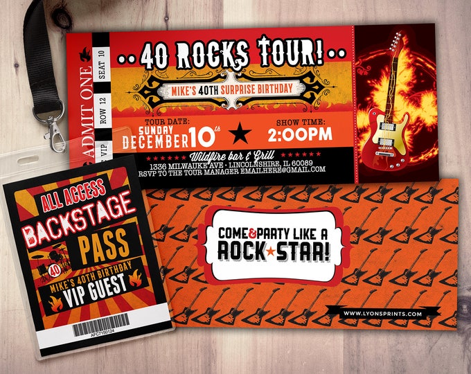 ROCK STAR concert ticket birthday party invitation- Music invitation, rockstar party, drums,40 rocks, 30th,21st,50th, 60th,75th