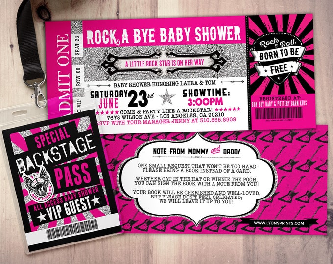 Rockstar ticket baby shower invitation, Coed baby shower invitation, Rock baby shower invitation, couples baby shower,  music theme