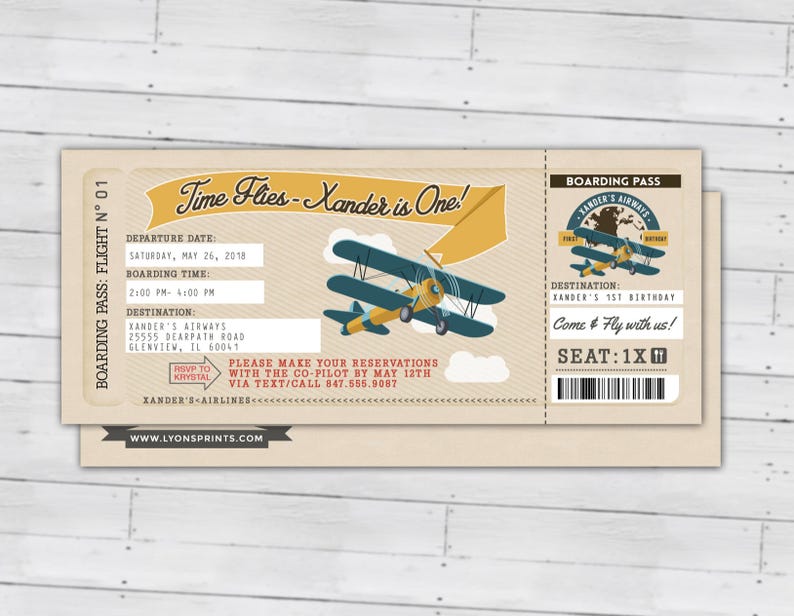 Time Flies, Vintage Airplane Boarding Pass Birthday Invitation Vintage, Airplane, first birthday, ticket invitation, Digital files only image 6