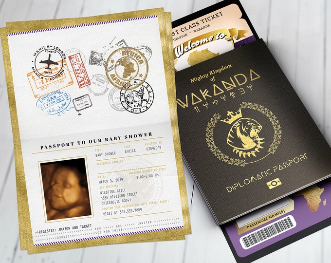 PASSPORT and TICKET baby shower invitation, Wakanda, Africa Passport, African Birthday, African Birthday, Panther, Digital files only