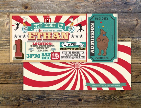 First Birthday- circus ticket-carnival ticket invitation - vintage circus, retro, ticket invitation, carnival, circus birthday invitation Il_570xn