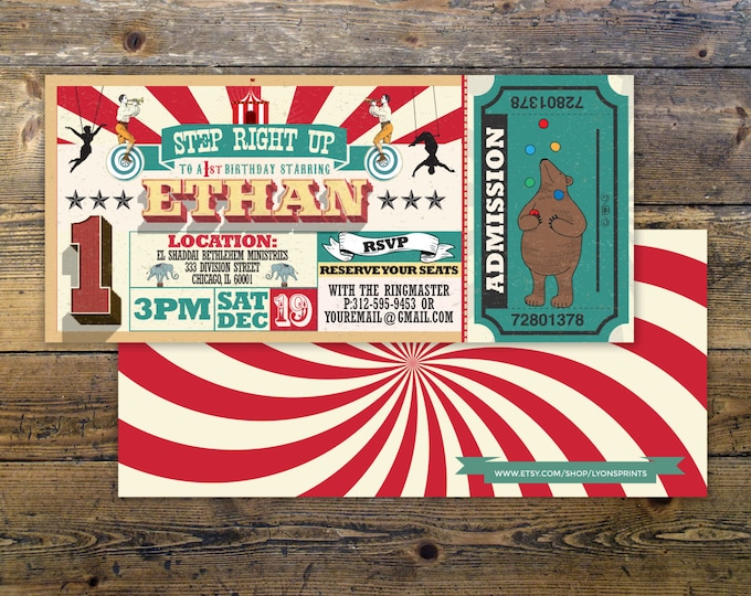 First Birthday- circus ticket-carnival ticket invitation - vintage circus, retro, ticket invitation, carnival, circus birthday invitation