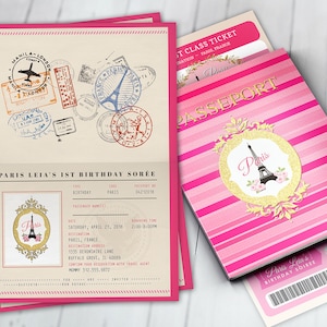 REISEPASS und TICKET Geburtstagseinladung! Mädchen-Geburtstags-Party-Reise-Geburtstags-Party-Einladung- Paris, Eiffelturm, nur digitale Dateien