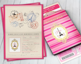 Paris Birthday Invitation – Passport and Ticket, Eiffel Tower (Digital Files Only)