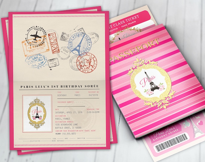 PASSPORT and TICKET birthday invitation! Girl's birthday party- travel birthday party invitation- Paris, Eiffel tower,  Digital files only