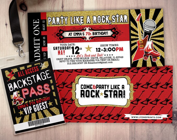 Roller-skate, Rock star, concert ticket birthday party invitation- Music invitation, rockstar party, pop star, karaoke party,  invite