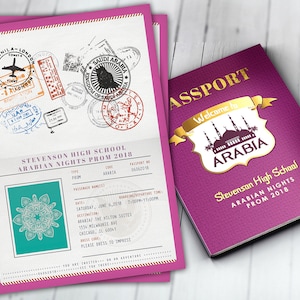 Prom, PASSPORT and TICKET invitation, Morocco, Arabia, Arabian Nights, Bollywood- travel birthday party invitation, Ethnic, School dance