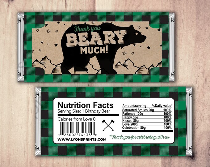 Birthday Candy Bar Wrapper, Digital file,  lumberjack, bear, Party Favors- shower favor, candy, lumberjack baby shower, woodland, baby bear