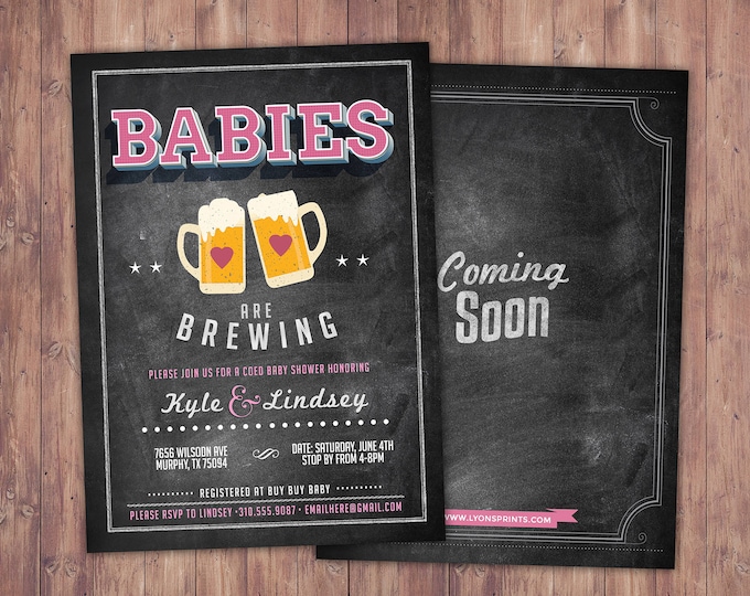 Baby is brewing, Twins, Coed baby shower invitation- Beer baby shower invitation- couples baby shower - girl baby shower - gender reveal